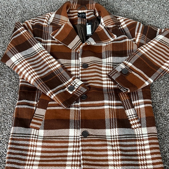 Men's Checkered Pea Coat in Brown and White - Picture 1 of 5